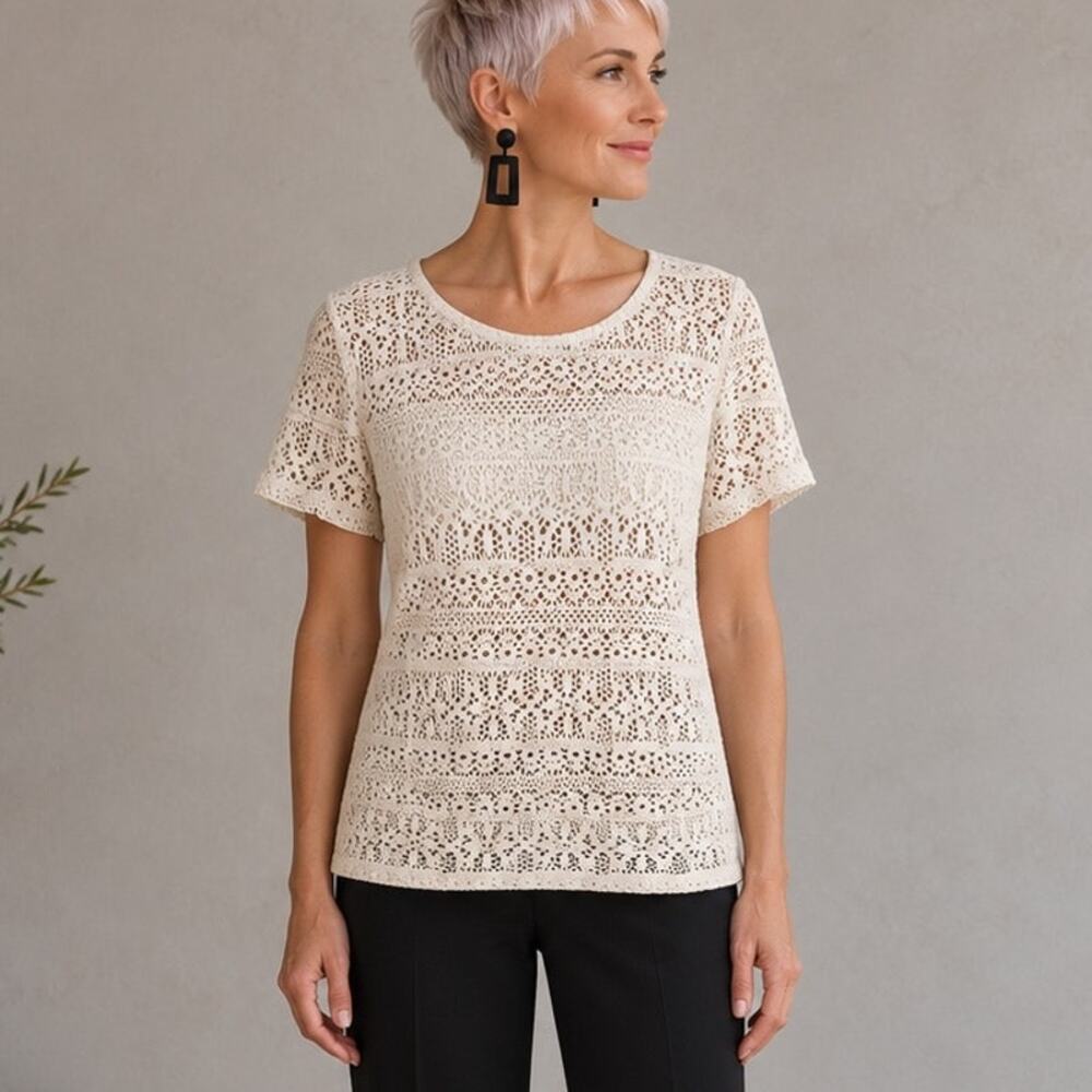 Chico's Tan Crochet Lace Short Sleeve fairy coquette cottage Top 0 (small)